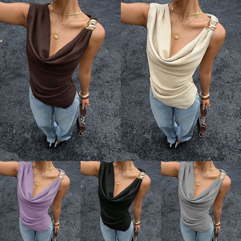European and American Cross-Border 2026 New Foreign Trade Women's Clothing Amazon Summer Turtleneck Vest with Metal Decoration Sleeveless Shirt European and American Cross-Border 2026 New Foreign Trade Women's Clothing Amazon Summer Turtleneck Vest with Metal Decoration Sleeveless Shirt