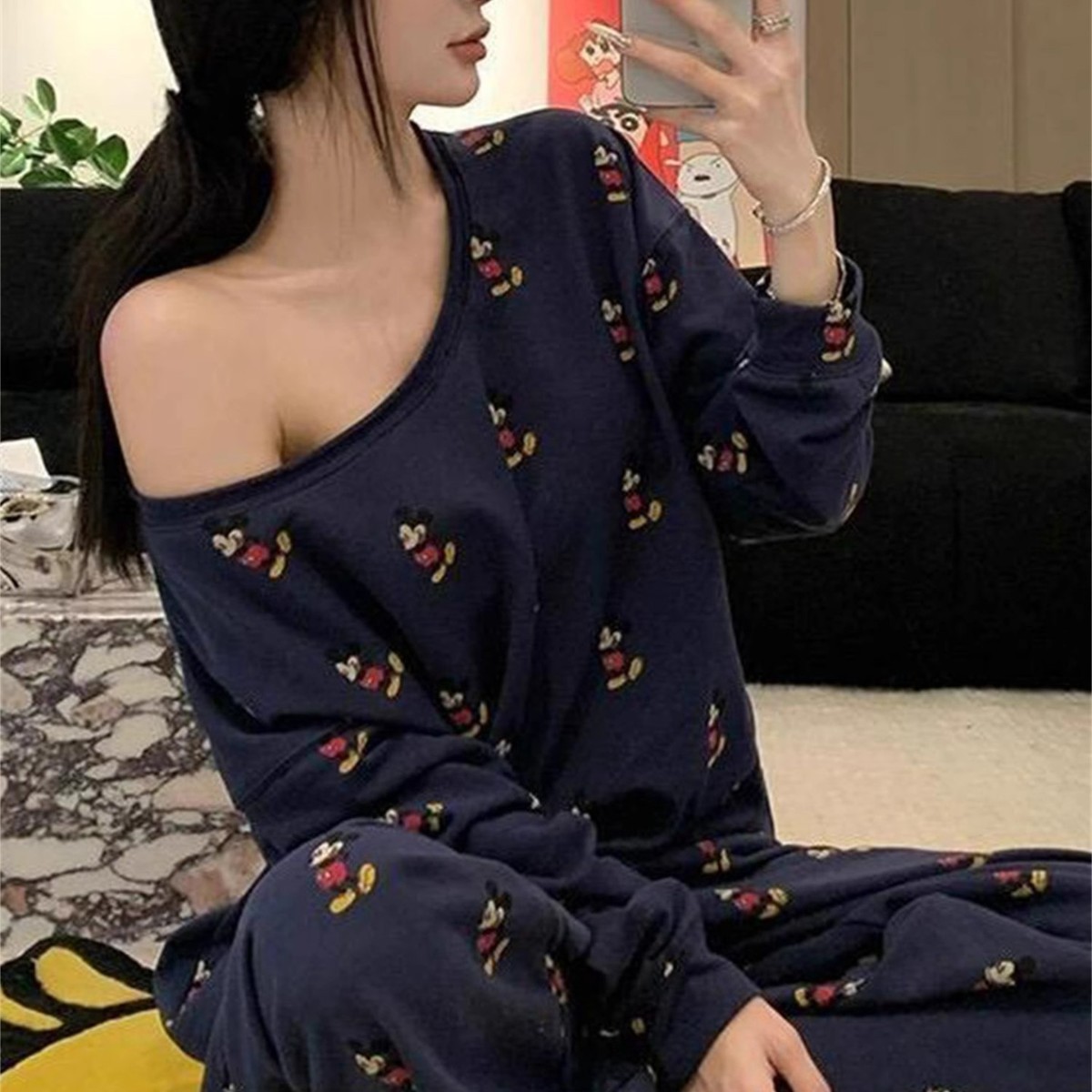 Trendy Niche Off-Shoulder Pajamas for Women, Spring, Autumn, Winter Long-Sleeve Long Pants Mickey Wide-Leg Pants Loungewear Set