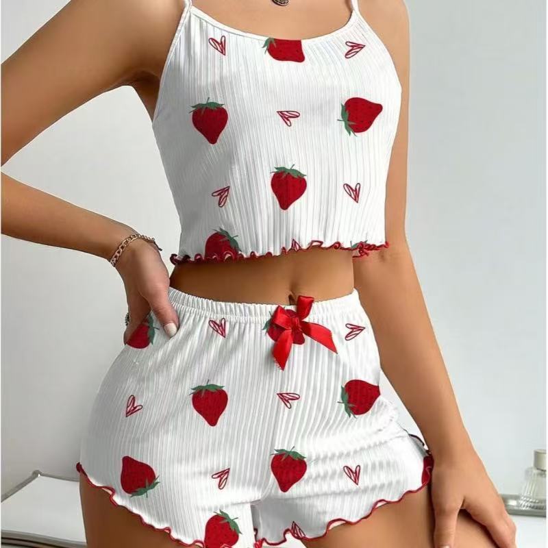 Cross-Border European and American Women's Pajamas with Heart Print, Sexy Camisole and Shorts Loungewear Two-Piece Set
