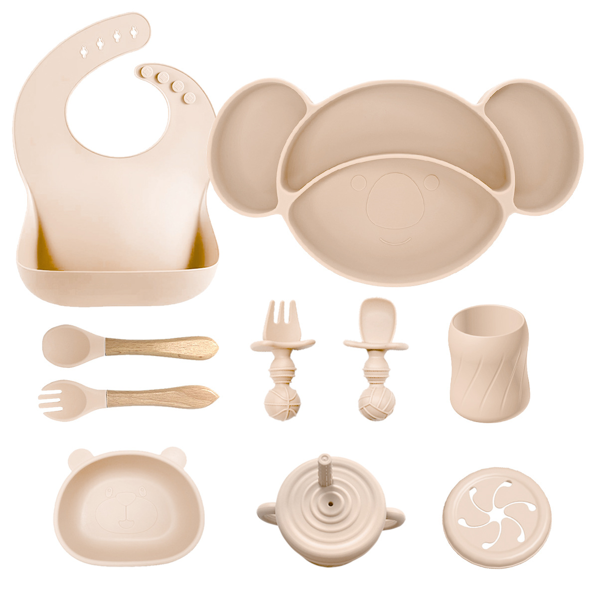 Nuevos productos transfronterizos para niños suplementarios de silicona platos de comedor cuchara de tenedor baudero ocho piezas conjuntos a prueba de caídas mangar suministros para madre y bebé