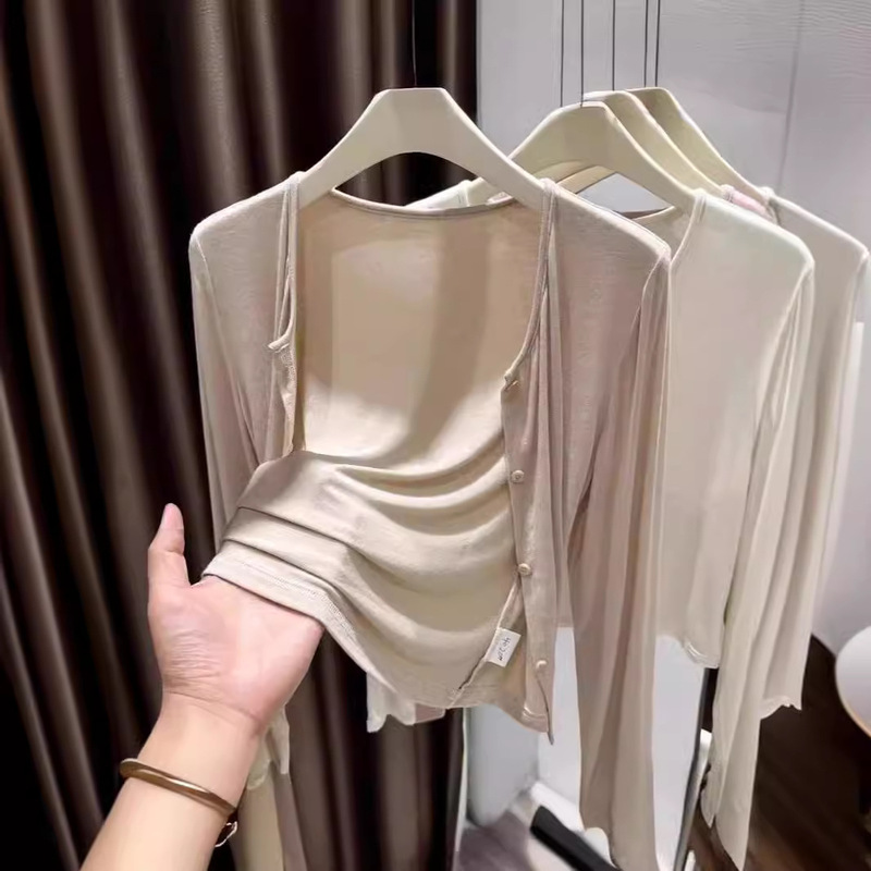 Ice Silk Modal Sun Protection Cardigan Women's Summer Outer Top with Sling Skirt Thin Long Sleeve Shawl Blouse