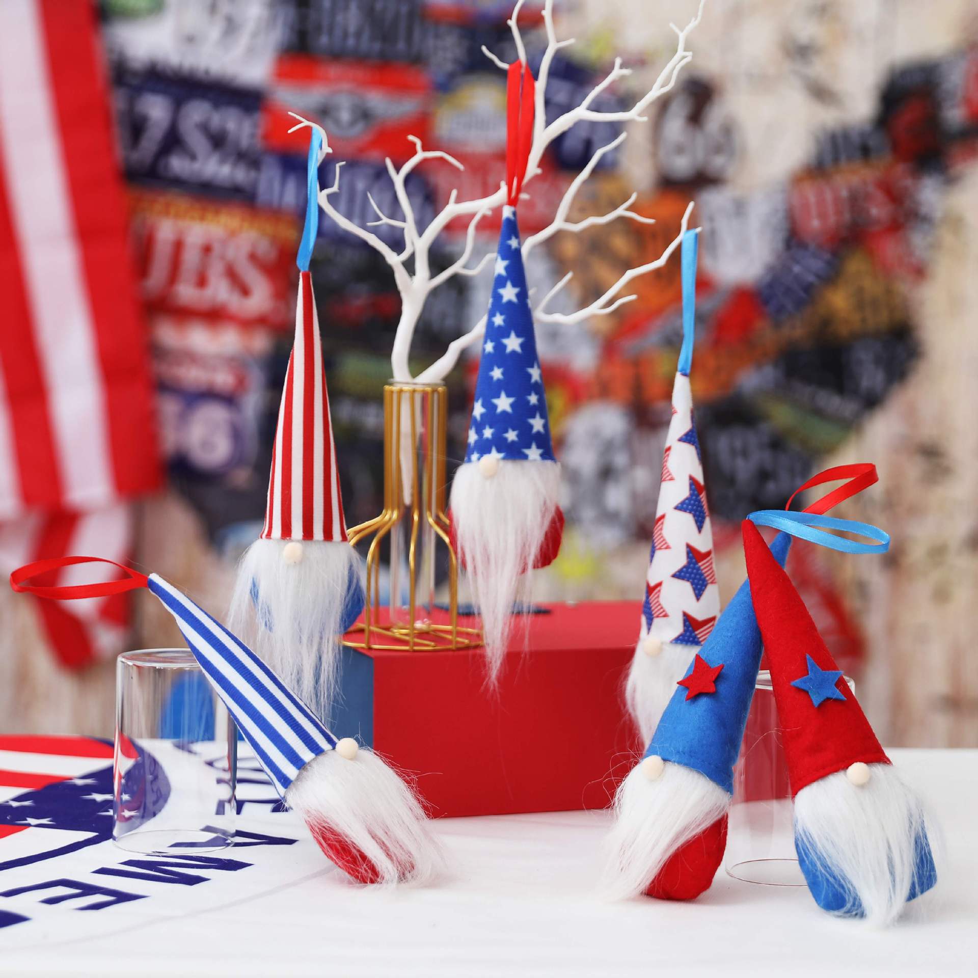Nuovo prodotto transfrontaliero Giorno dell'Indipendenza Americana, piccolo ciondolo per anziani senza volto, regalo per bambini, bambola in tessuto Rudolph con stella a cinque punte