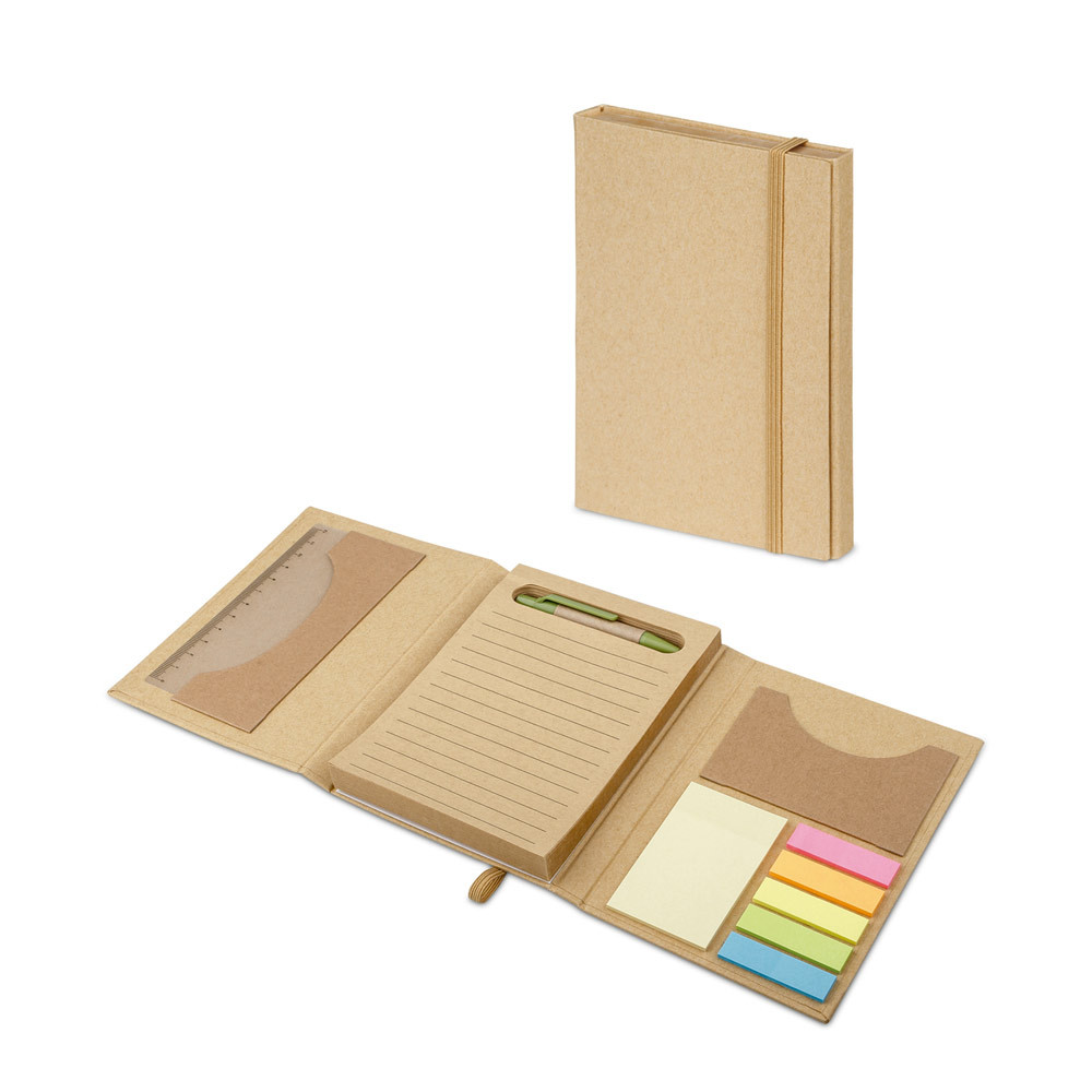 Libro plegable triple con bolsillo de post-it, cubierta de papel kraft reciclable, FSC