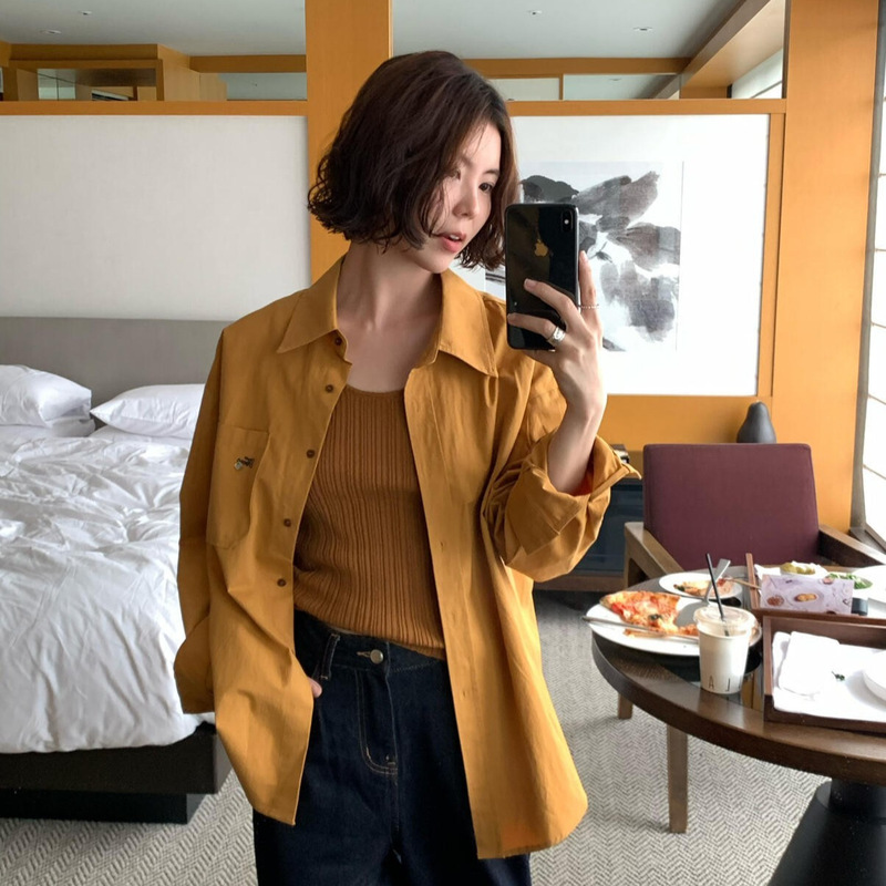 Clearance, No Returns or Exchanges, Korean Style Simple College Style Embroidered Pocket Slimming Age-Reducing Lapel Long-Sleeve Shirt for Women A8753