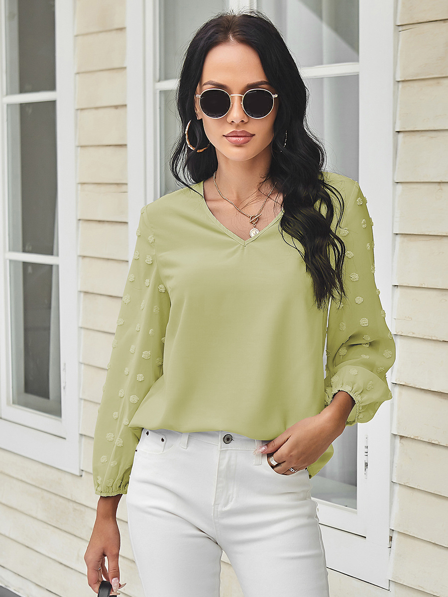 Solid Color V-Neck Lantern Long-Sleeved Chiffon Casual Blouse NSAL72745