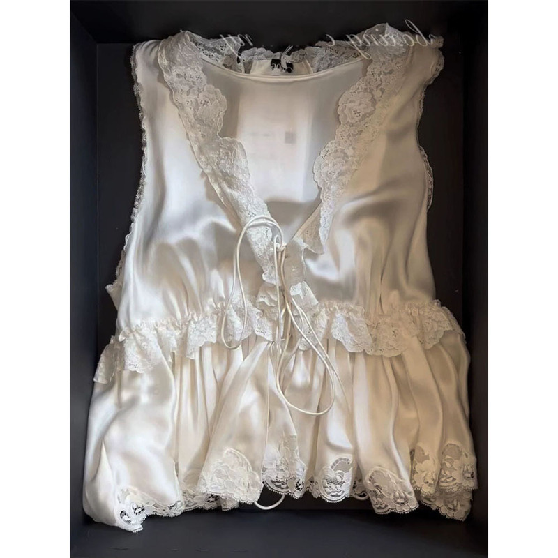 Highly Recommended! White Lace Patchwork Satin Tank Top for Women, New Spring Style with Ruffled Sleeveless Babydoll Top