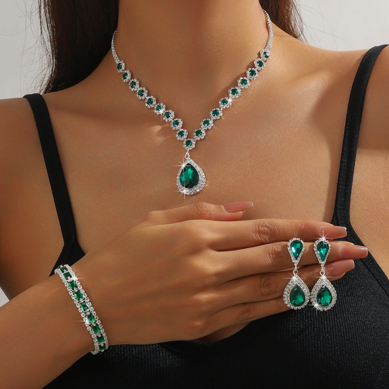 hot selling white, blue, green and red water drop crystal necklace earrings set jewelry 4 piece set_voghion.com