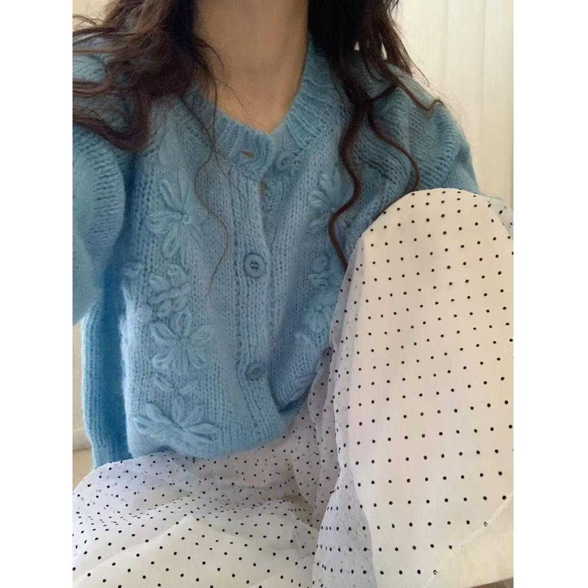 木四马海毛手工绣花针织衫女温柔风开衫秋冬女装韩系刺绣外套6536