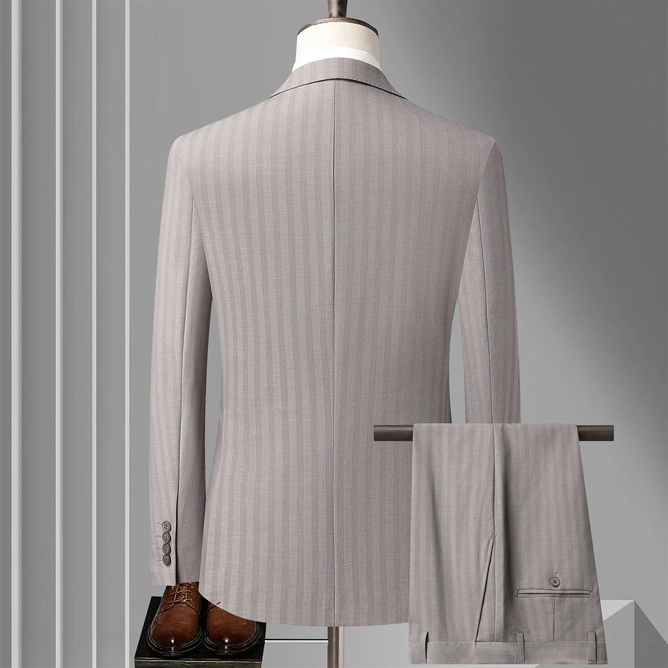 Bộ vest nam dáng ôm phối khuy hai hàng, áo vest + quần, kiểu công sở lịch lãm — Bao cao su màu be (áo+quần), Bộ 2 kiện màu cà phê (áo+quần), Màu be (áo+áo khoác+quần), Màu cà phê (áo+áo khoác+quần)