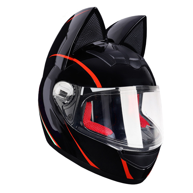 Casco de motocicleta eléctrica HNJ, casco integral con oreja de gato certificado 3C para mujer, verano, se puede equipar con auriculares Bluetooth, casco integral para motocicleta