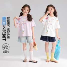 涂鸦短袖夏季新款 美式街头创意手绘印花青少年时尚女童T恤