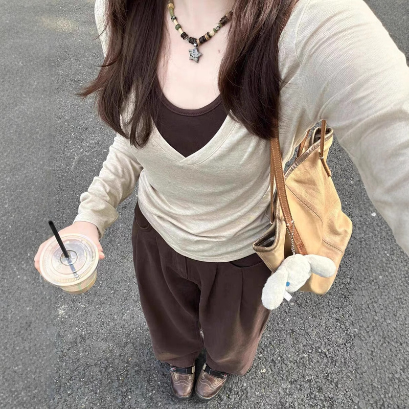 美式复古v领套装女秋季修身显瘦打底罩衫挂脖系带叠穿吊带两件套|undefined