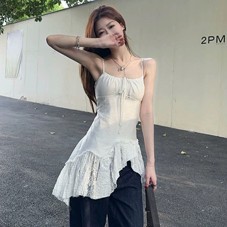 韩版法式气质背心吊带女下摆不规则斜边设计甜美显瘦百搭无袖上衣
