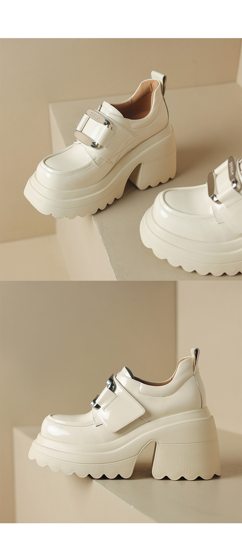Giày loafer nữ đế xuồng platform phong cách Anh quốc, gót cao 6 cm, mũi tròn, quai ngang dán — Đen bóng, Be bóng chi tiết 12