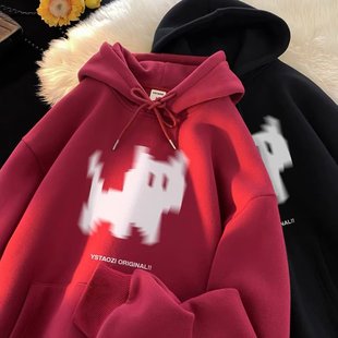 American Phantom Kitten Print Hooded Velvet Sweatshirt Men's Autumn and Winter Trendy Casual Large Size Easiest for Match Loose Jacket
