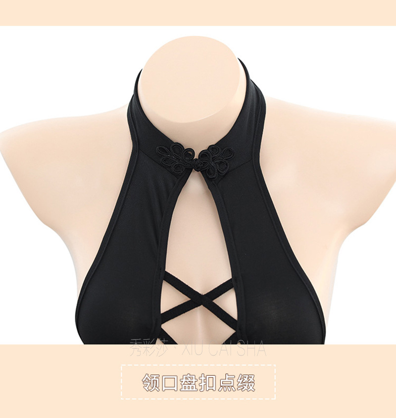 Open-Bust Bodysuit Lingerie with Matching Stockings, Milk Silk One-Piece in Black — detail image 22