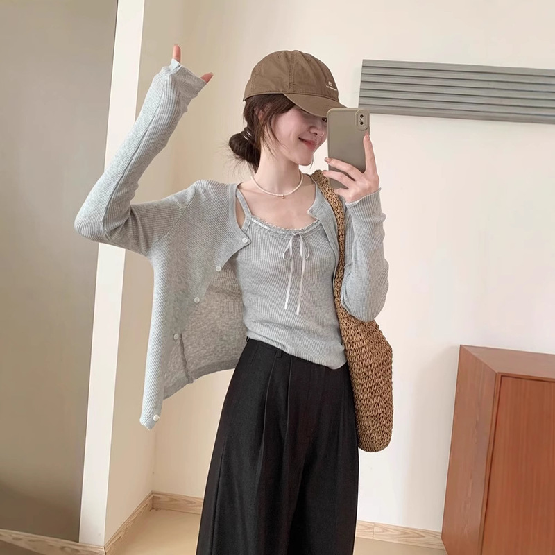 Gentle Style Vest Lace-up Two-piece Set 2025 Spring New Sweet Elegant Slim-fit Knitted Cardigan Women's Suit