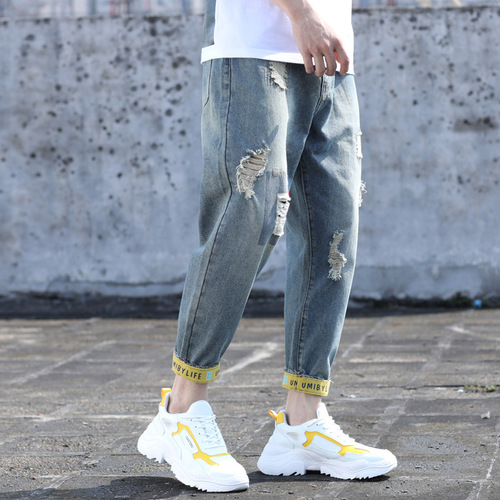 Men's Trendy Brand Distressed Cropped Jeans | Plus-Size Relaxed-Fit Cuffed Casual Pants | Baggy Men's Wear