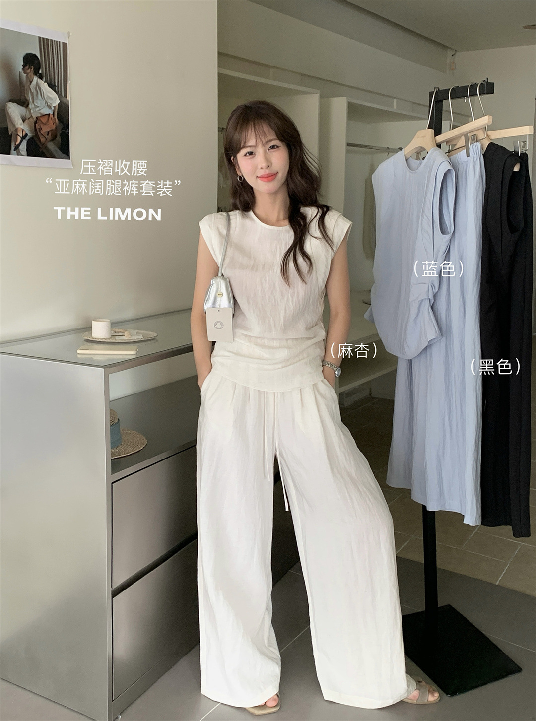 Bộ áo thun phối quần ống rộng cạp cao nữ thiết kế eo thu vải lanh mùa hè 2025 — đen, màu xanh, Mã Xinh chi tiết 27