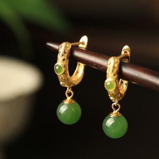 [1331 people's collection] Hetian jade jasper gold plated earrings earrings female gold inlaid jade Chinese style cheongsam earrings