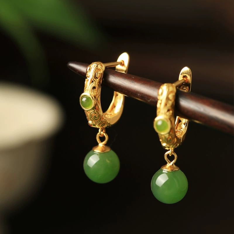 [Коллекция 1331 человека] Хотан Джейд позолоченные серьги-серьги с ушами и серьги-серьги в китайском стиле