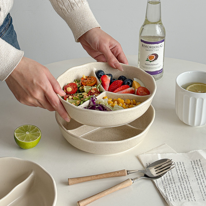 Mooney Ins One-Person Lace Three-Compartment Ceramic Plate Weight Loss Meal Plate Breakfast Plate Separated Fat Reduction Household Plate Mooney Ins One-Person Lace Three-Compartment Ceramic Plate Weight Loss Meal Plate Breakfast Plate Separated Fat Reduction Household Plate