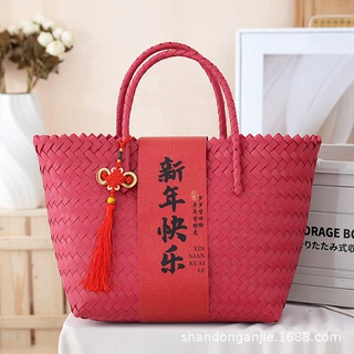 喜庆红色中式婚礼品包装伴手礼品袋乔迁满月编织手提包喜事手提篮
