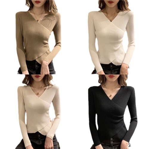 V-neck crew neck long sleeve short sleeve cross-sectional tight knit sweater trendy women's top sweater wholesale