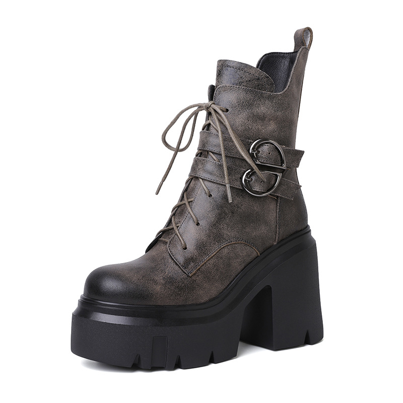 Boot nữ cổ thấp da thật phong cách Anh quốc, gót vuông 12 cm, khóa dây kéo — Lót nhung đen