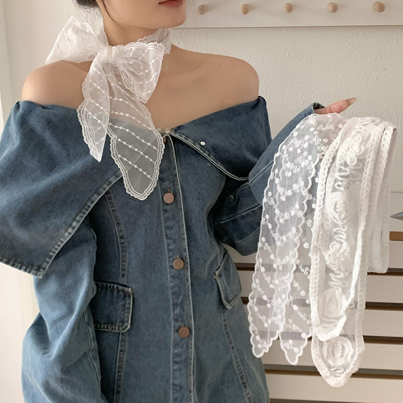 Pañuelo de seda Tiras largas Pañuelo de seda de encaje de primavera y verano de alta calidad, accesorios para el cabello, tocado, protector para el cuello, pañuelo para el cuello, pañuelo para el cabello, cinturón decorativo