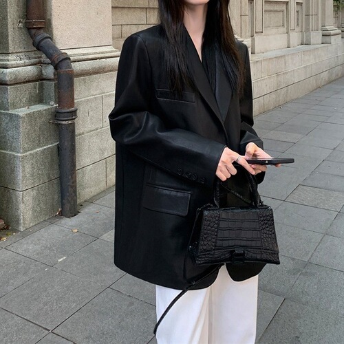 Women's Black Leather Jacket Suit Coat 2026 Spring Season Korean Version Fashion New Loose Elegant High-End Little Suit