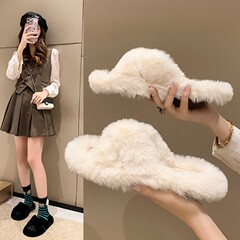 毛毛拖鞋女外穿平底2024新款秋季休閒加絨交叉棉拖