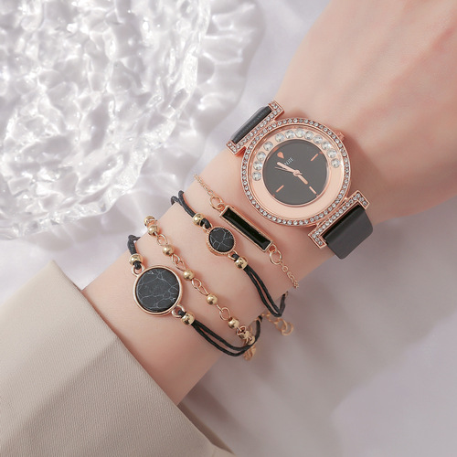 5pcs/set new women's suit Korean style fashionable diamond leather strap watch + fashionable personalized versatile bracelet