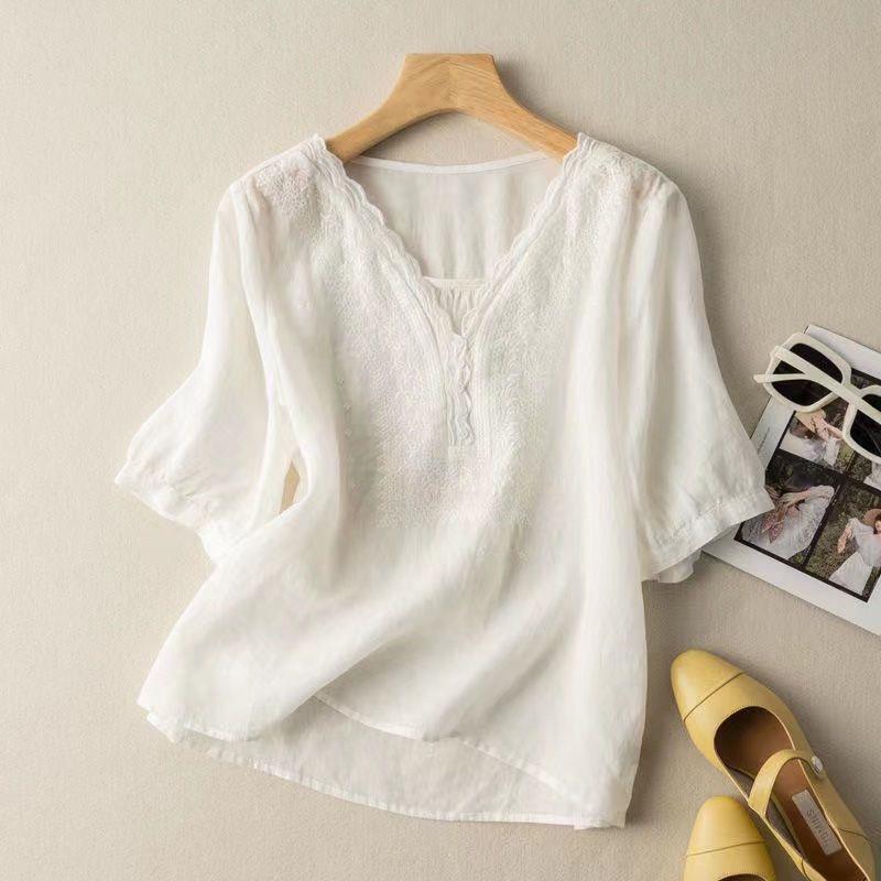 Brand Surplus Clearance: Ramie Embroidered Half-Sleeve Plus-Size Shirt for Women, New Summer Cotton-Linen Thin Top