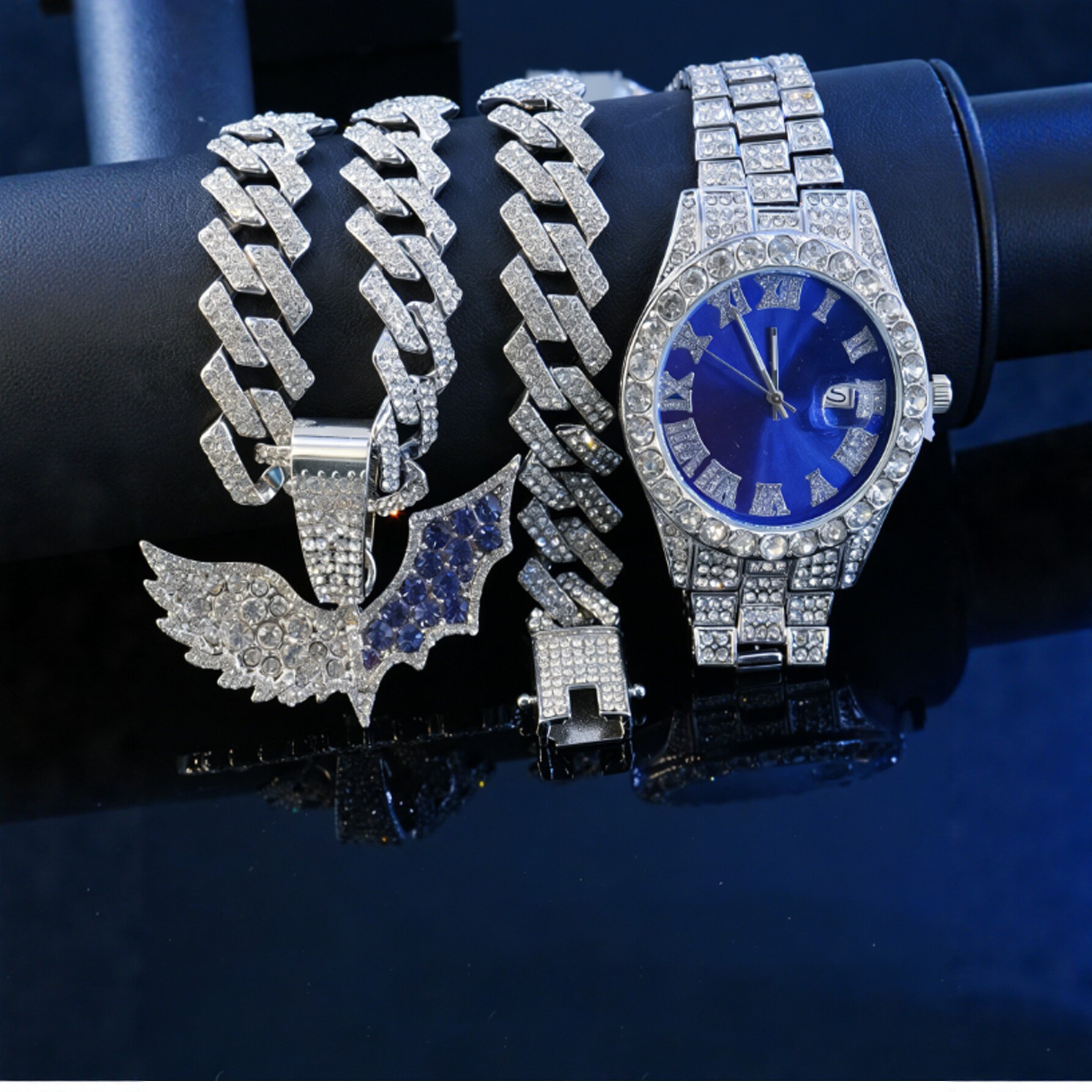 HipHop completo murciélago de diamantes de dos colores colgante de diamantes cubano cadena azul número romano reloj pulsera para hombres y mujeres