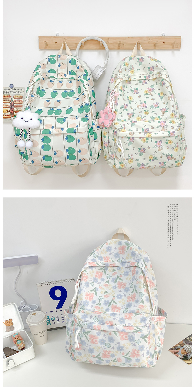 738g Weight Polyester Lining Material Sewing Thread Fashion Element Zipper Closure Type Double Shoulder Straps Strap Type Casual, School, Daily Occasion Nylon Material Waterproof Function Back To School Festival School Backpack Backpack Flower, Strawberry Pattern All Seasons Season Women's Gender Classic Style Style Square Shape Waterproof Flower Strawberry Casual School Daily School Backpack 18