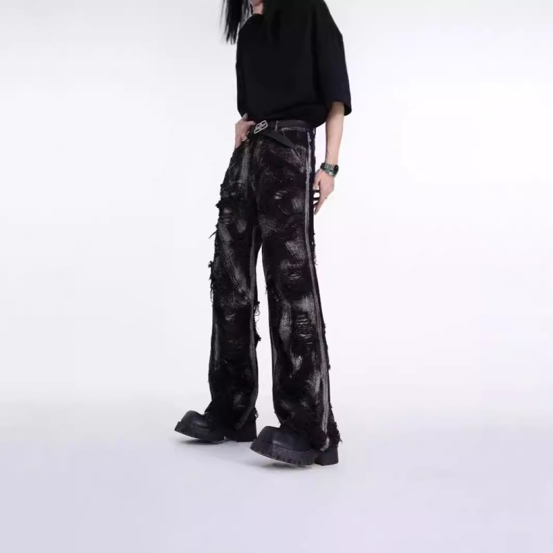 Black Destruction Jeans Men's American-style High Street Waste Earth Wind Heavy Washed Graffiti Men's Niche Straight Pants