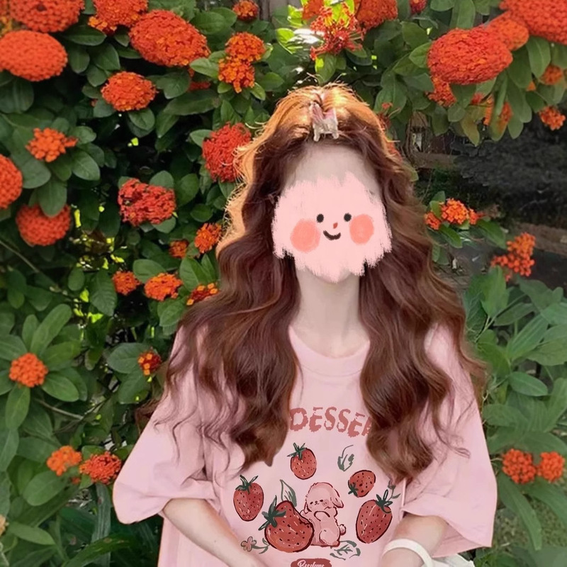 Spring and Summer New Pure Cotton Round Neck T-Shirt Women's Short-Sleeved Strawberry Rabbit Print Loose Large Size Age-Reducing Versatile Top Trendy