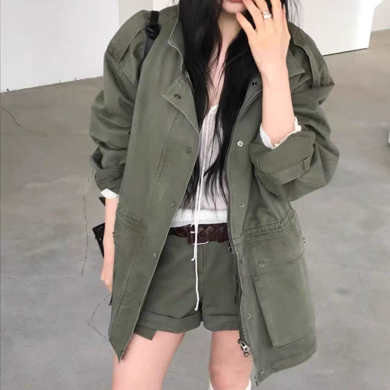 New H2026 Spring Korean Dongdaemun Workwear Style Drawstring Waist Windbreaker Jacket/Slimming Rolled Hem Shorts for Women