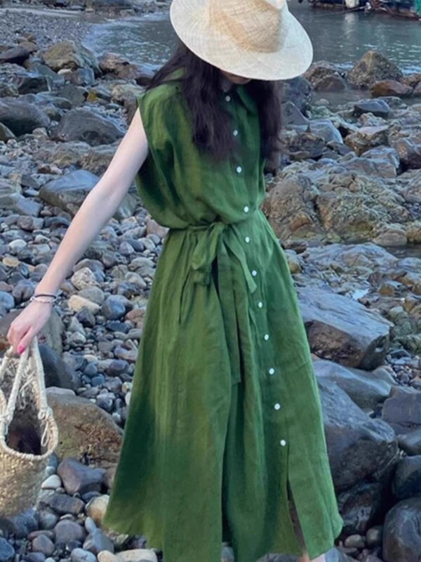 Vintage Artistic Green Shirt Sleeveless dress Women's Simple Casual Summer Comfortable Relaxation Long Dress