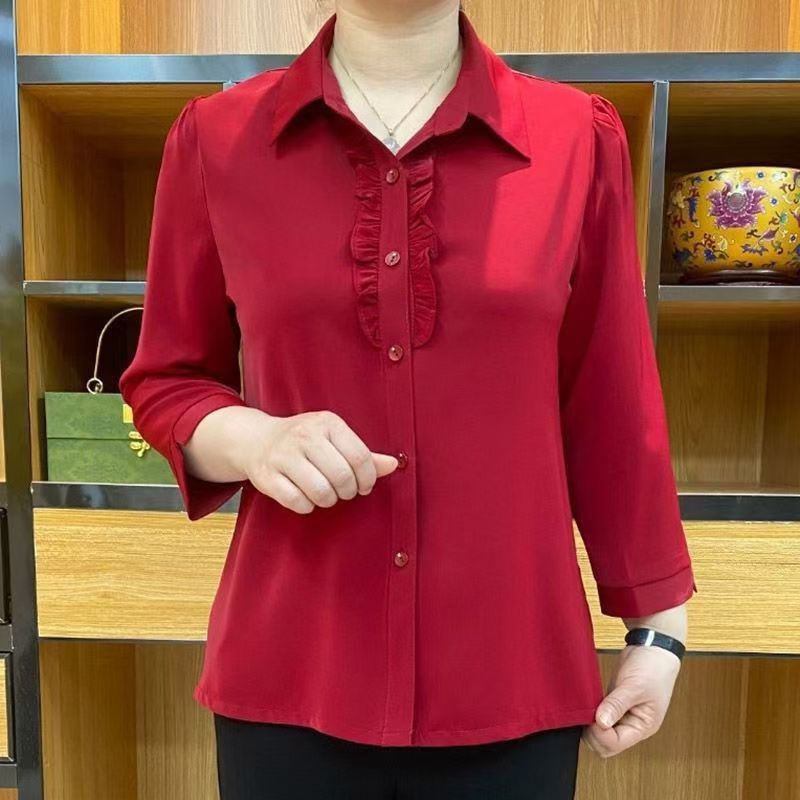 Mom's Shirt, New Spring and Summer Fashion, Solid Color, Stylish Loose-Fitting Shirt for Middle-Aged and Elderly, Slimming Plus-Size Base Shirt