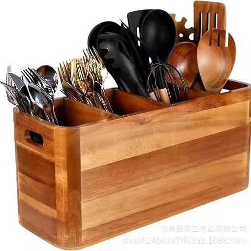 木制餐具整理盒厨房分格餐厅刀叉收纳盒实木桌面烹饪工具储物盒|undefined