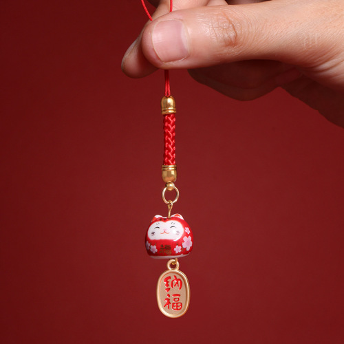 Ceramic Money Cat Pendant with Phone String Bracelet, Small Commodity Wholesale for Boutique, Exquisite Craftsmanship Decorative Accessories