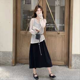 松弛感针织罩衫套装女秋季薄款镂空防晒上衣吊带半身大摆裙两件套