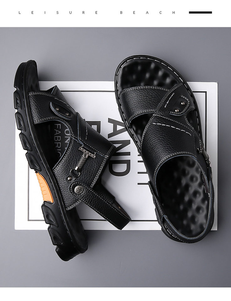 Dép sandal nam da bò thật quai ngang hở mũi, đế mềm chống trượt, đi biển và đi ngoài trời — GX màu nâu 23088, GX đen 23088 chi tiết 24