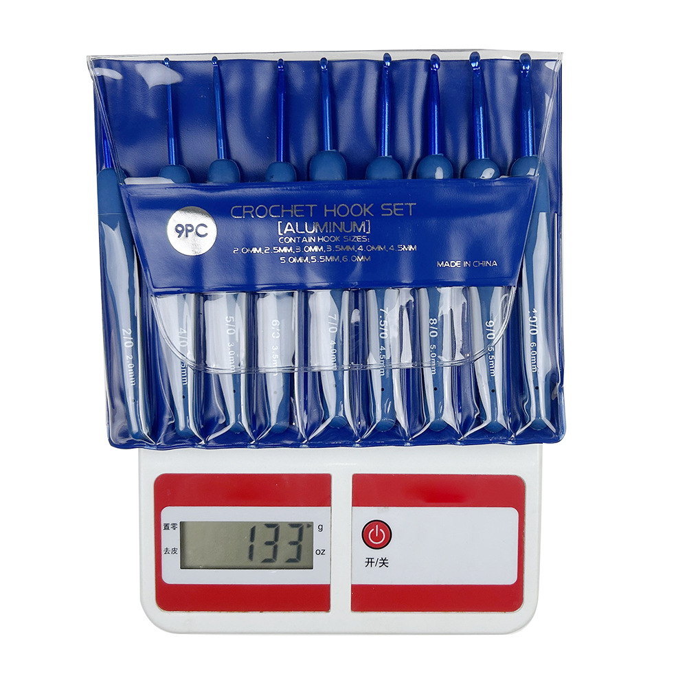 Traje transfronterizo crochet TPR silicona aluminio crochet mango azul plástico recubierto de aluminio crochet conjunto completo 9 piezas de embalaje de PVC