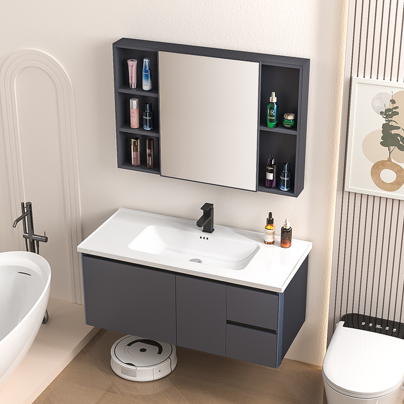 Gabinete de baño de aluminio espacial nórdico todo en una bañera cerámica colgada de pared tipo espejo gabinete combinado inodoro a prueba de agua almacenamiento de lavado