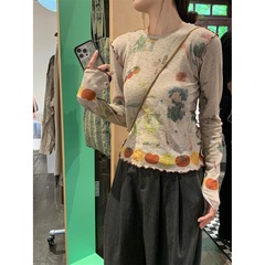 圆领印花长袖修身恤女秋季2025新款韩系甜美设计感显瘦打底上衣
