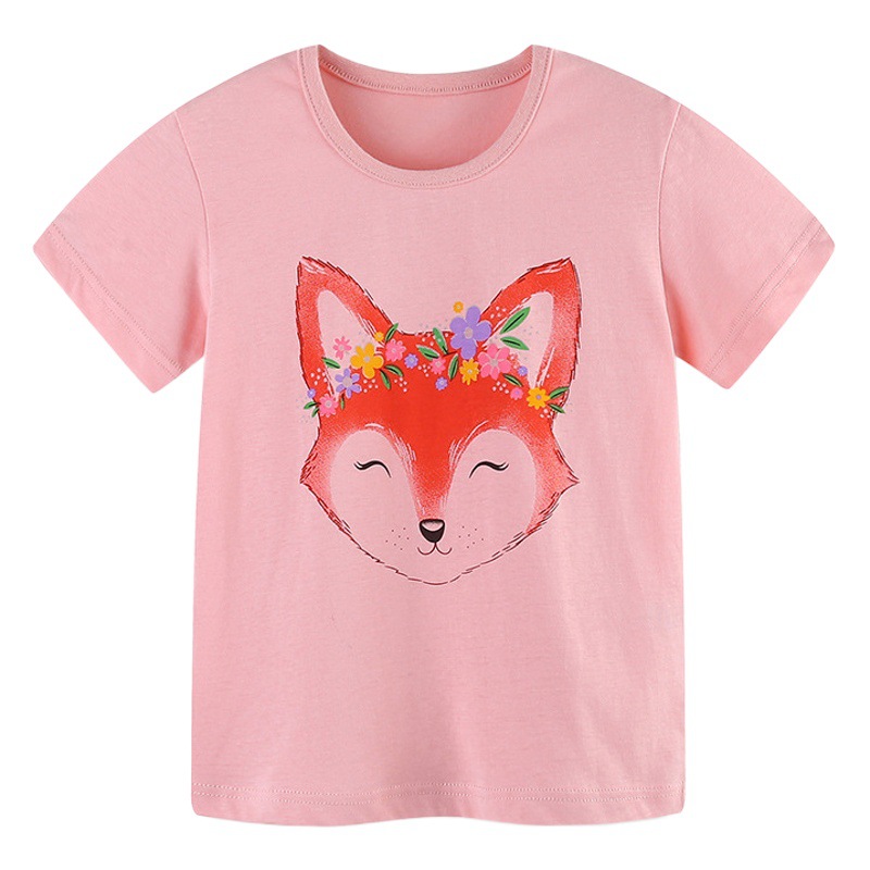 Camisetas de Verano 2026 de Nuevo Estilo para Niñas, Venta al por Mayor, Tops de Algodón Tejido con Estampado de Zorro para Niños, Sudaderas de Cuello Redondo para Niños Pequeños