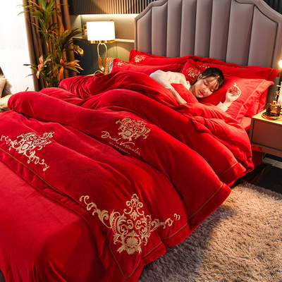 8斤高档双面绒加厚婚庆结婚大红四件套冬季宝宝牛奶绒防静电被套|ms